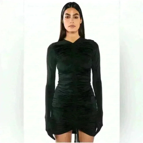 NWT Akira sz Small Black Bodycon Dress Midi Ruched Draped Asymmetrical - Picture 1 of 7